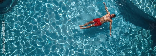 Man Swimming in Pool: A man in red shorts swims with his arms outstretched in a sparkling blue swimming pool, enjoying a refreshing summer day.