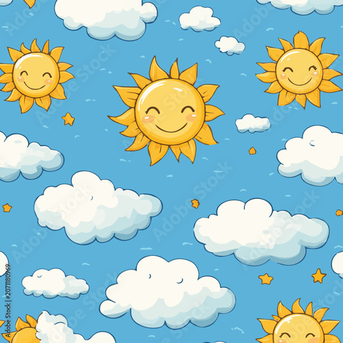 A cheerful pattern with smiling suns and fluffy clouds on a bright blue background, perfect for cheerful designs.