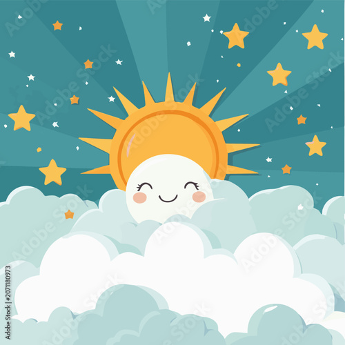 A cheerful sun and moon illustration smiling amidst fluffy clouds and twinkling stars, perfect for children's decor.