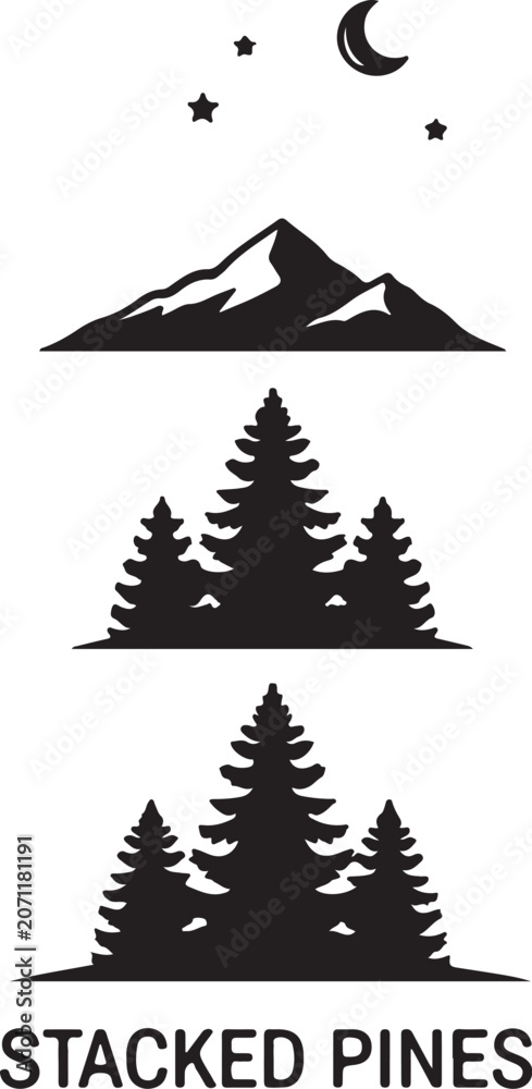 Obraz premium Outdoor landscape graphic with mountains pine trees moon stars the text 'stacked pines' depicting nature and wilderness national park evergreen tree mountain range starry night mountain tranquil