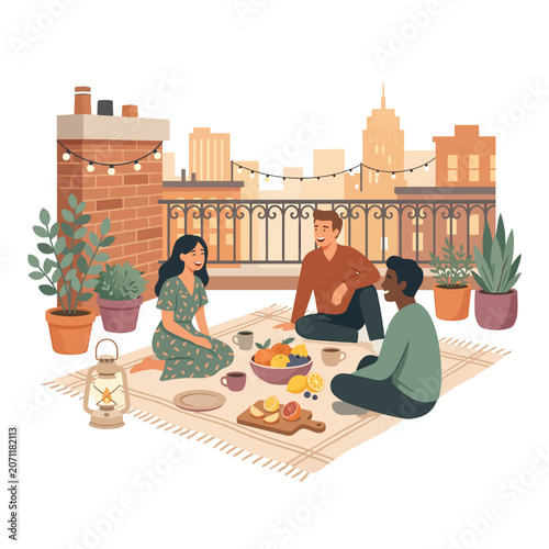 Schilderij op canvas Friends Enjoying Picnic on Rooftop Terrace.