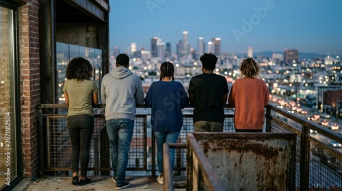 Diverse friends enjoying city skyline view at dusk from rooftop balcony
