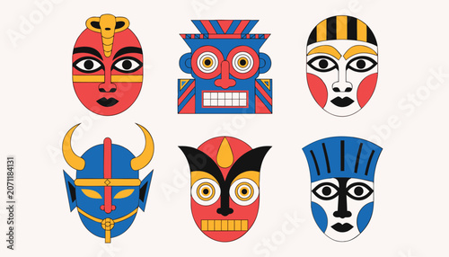 Cuadro en lienzo Collection of colorful ritual masks with ancient cultural aesthetics featuring p