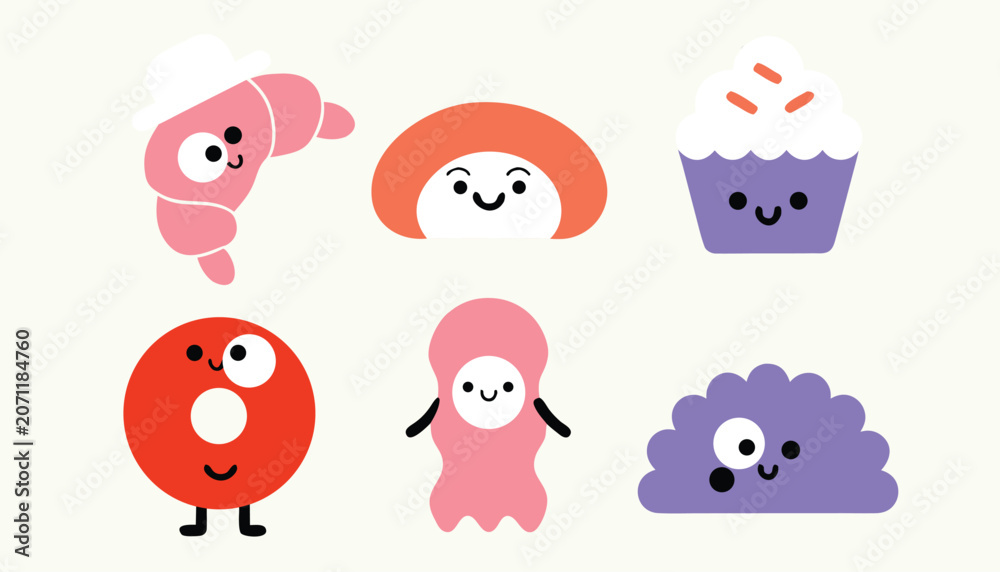 Obraz premium Collection of happy and diverse food characters featuring baked goods and sweets