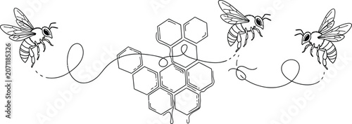 Line art illustration of honeybees flying around a honeycomb with dripping honey isolated on white