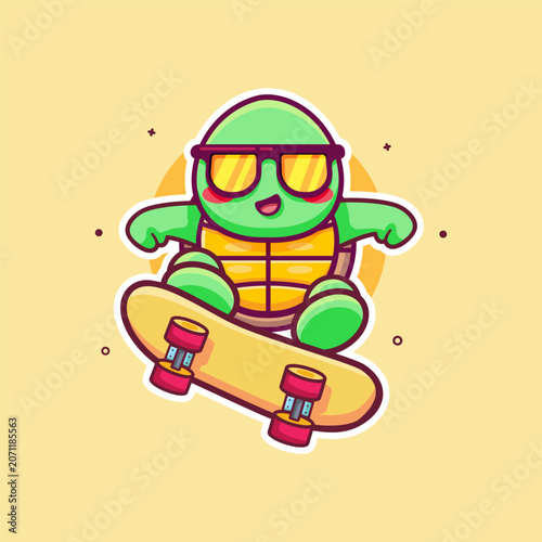 cool turtle animal character mascot playing skateboard isolated cartoon