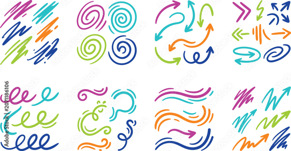 Obraz premium Colorful Hand Drawn Swirls Arrows and Scribble Vector Elements Collection Set