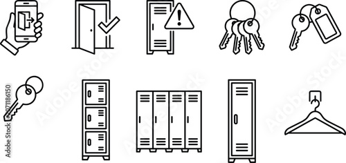 Tableau sur toile Facility management icons including garment hangers bunch of keys door exit and storage lockers symbols