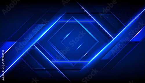 Futuristic blue neon hexagon tunnel with glowing geometric lines creating a high-tech digital atmosphere, ideal for technology presentations, innovation concepts, gaming visuals.