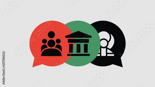 Speech bubbles featuring icons of a group of people, a building, and an abstract shape symbolize communication and community discussion.