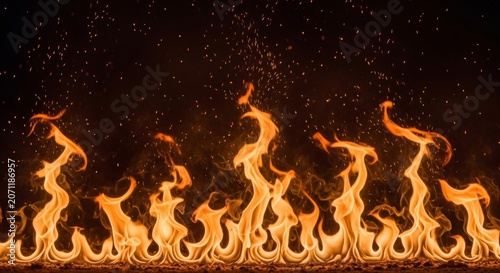 Detailed close up of a burning fire line with individual orange flame tongues and rising sparks against a black background