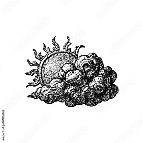 Vintage engraved sun behind clouds illustration with engraving illustration astronomy weathered ornamental decorative monochrome textured detailed atmosphere meteorology celestial isolated