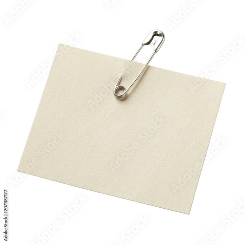 Blank square paper note attached with a metal safety pin isolated on transparent background