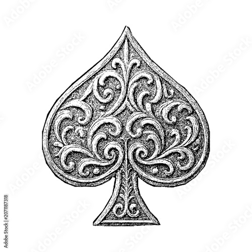 Vintage spade suit playing card ornate design with engraving monochrome illustration detailed decoration ornament symbolic gambling isolated artistic historical ornamental engraved