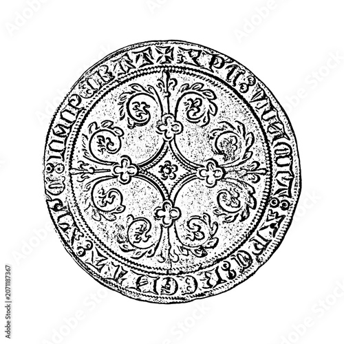 Ornate medieval round seal with floral engraving medieval engraving circular monochrome detailed illustration decoration ornament calligraphy emblematic isolated historical artistic