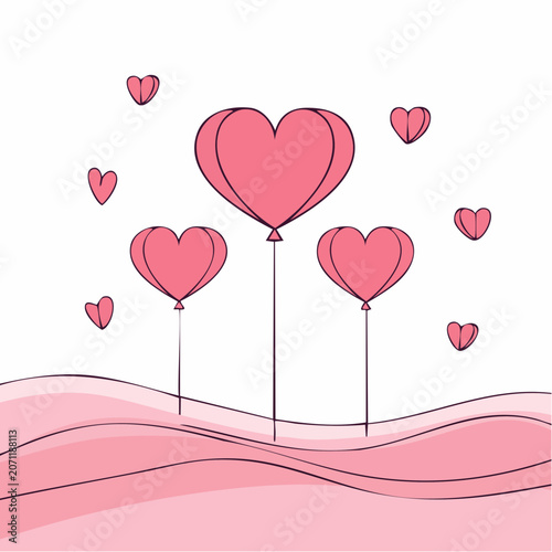 Pink heart balloons floating over abstract pink waves