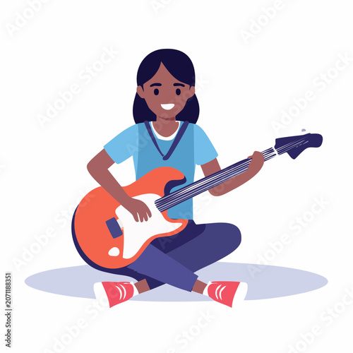 Young girl playing a bass guitar, flat design illustration
