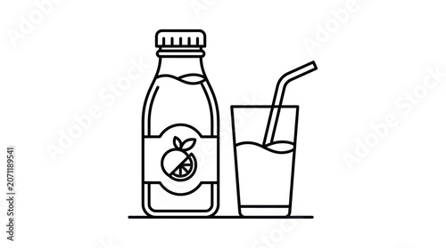 Orange juice bottle and glass with straw line art.