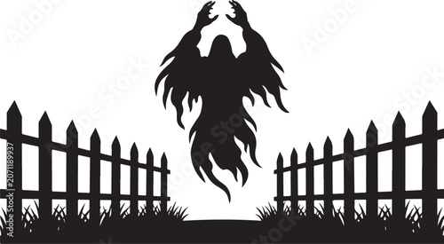 Foto Scary Ghost Silhouette Floating Between Fences for Halloween Background