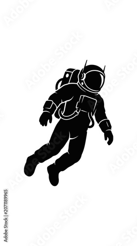 Astronaut silhouette floating in space, isolated on white background.