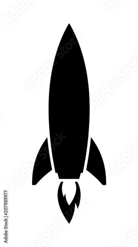Black rocket ship silhouette with flames, isolated on white background