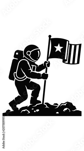 Astronaut planting flag on rocky surface, space exploration symbol