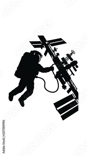 Astronaut Silhouette Floating Next to Space Station