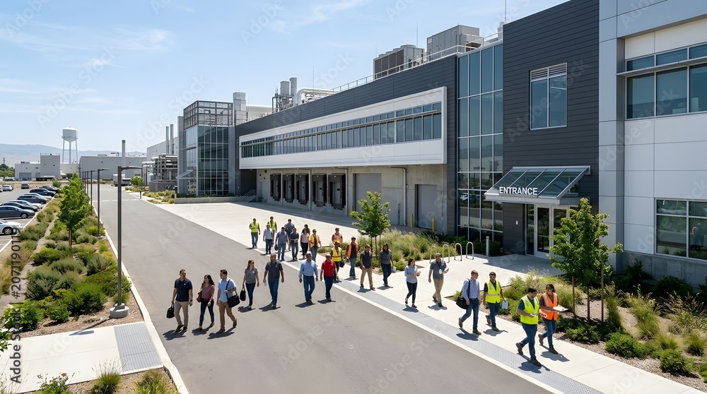 Obraz premium Diverse Team Walking Outside a Modern Industrial Facility