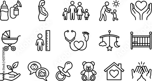 Baby care and parenting line icon set icons for pregnancy, newborn, family, motherhood, pediatrics, childhood, and baby equipment