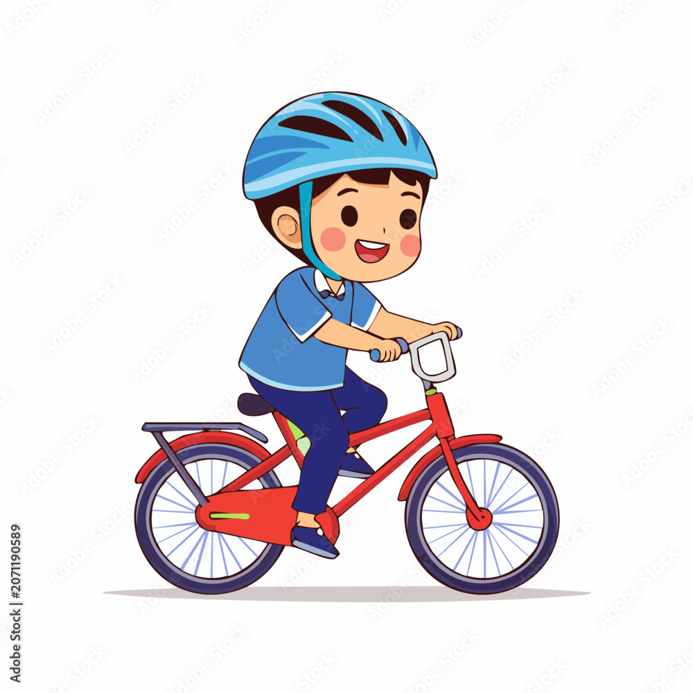 Naklejka premium Cartoon boy wearing helmet riding a red bicycle