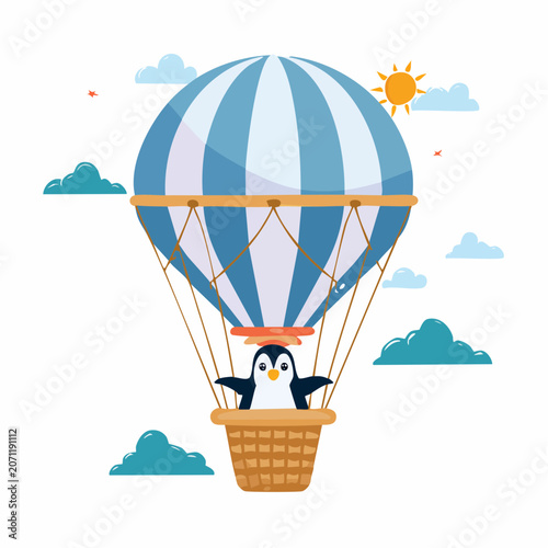 Cute penguin flying in a blue and white hot air balloon