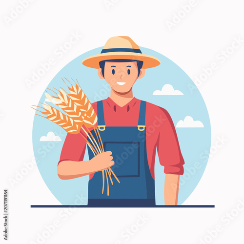 Farmer with Wheat Stalks in Flat Design Style