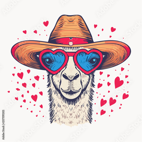 Llama wearing cowboy hat and heart sunglasses with red hearts