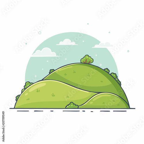 Stylized green rolling hills with trees and clouds