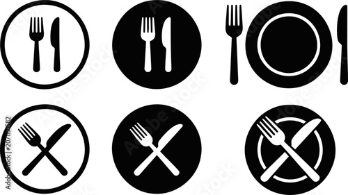 Restaurant and dining cutlery icons set with fork, knife, and plate symbols in black and white