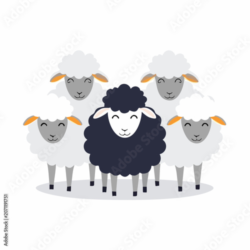 Black sheep standing out from white sheep in flat design