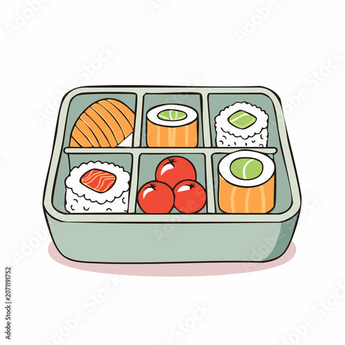 Bento box with sushi and tomatoes, flat design illustration