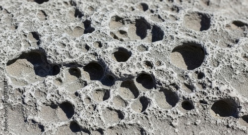 Macro shot of a weathered limestone surface with a complex pitted texture and granular composition