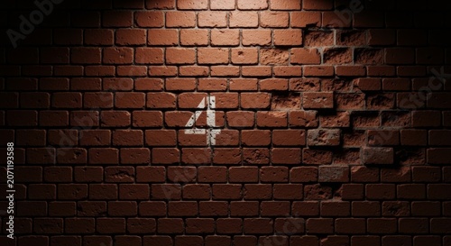 Weathered terracotta masonry wall with cinematic low key lighting and ghosted stencil number four