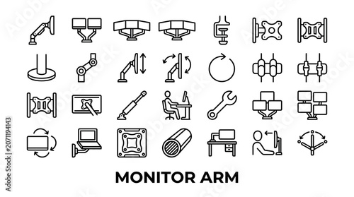Adjustable monitor arm and desk mount line icon set.