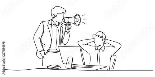 Φωτογραφία Man yelling through megaphone at colleague at computer, boss scolding employee,