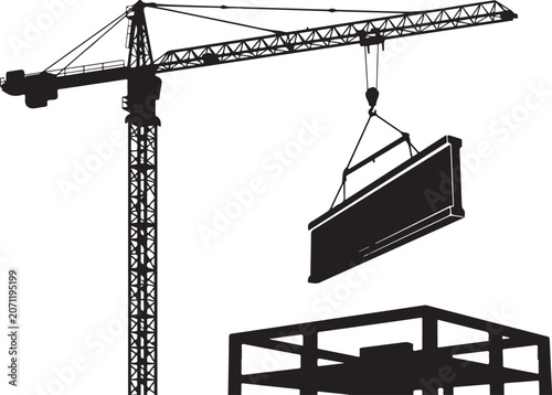 Konstfotografi Black Silhouette of Construction Tower Crane Lifting Beam on White