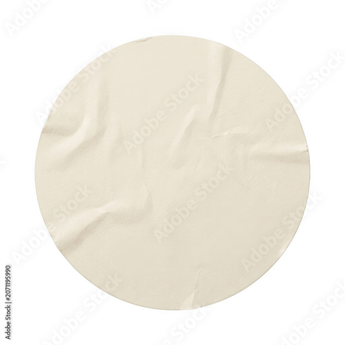 Round beige paper sticker with creased texture isolated on transparent background