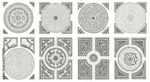 Vintage Garden Maze Designs, Ornamental Patterns, Top View Vector Set