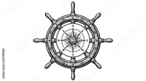 Vintage Ship Steering Wheel with Compass Rose Drawing - Nautical Navigation Symbol