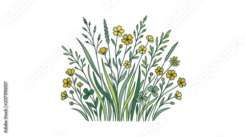 Watercolor Meadow Flowers and Grass Illustration