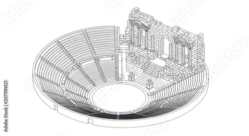 Ancient Roman Amphitheater Blueprint Illustration