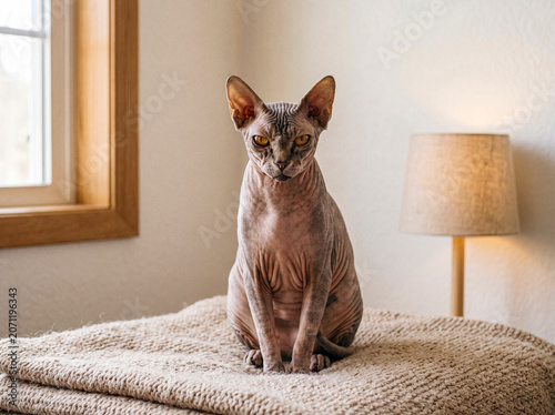 Quadro su tela Bright photograph of an alert hairless sphynx cat sitting comfortably on a soft blanket inside a cozy home