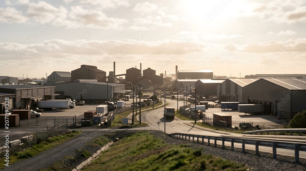 Obraz premium Industrial Area with Warehouses and Factories at Sunset