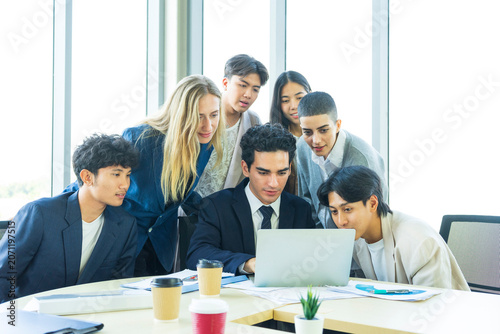 Boss And Business People Group In Office, Leadership Concept, Successful Mix Race Team Of Businesspeople Wearing Suits, Professional Staff Happy Smiling